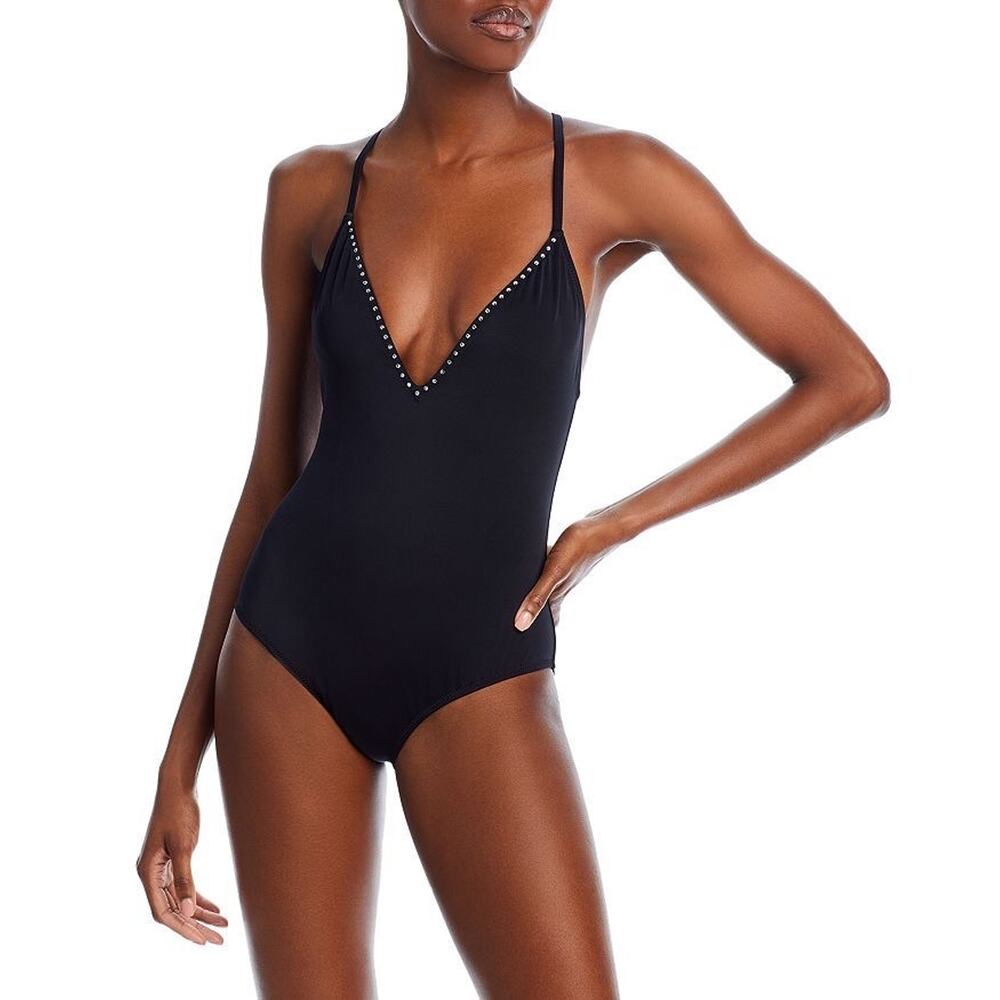 Aqua Rhinestone Trim One Piece Swimsuit Size Small